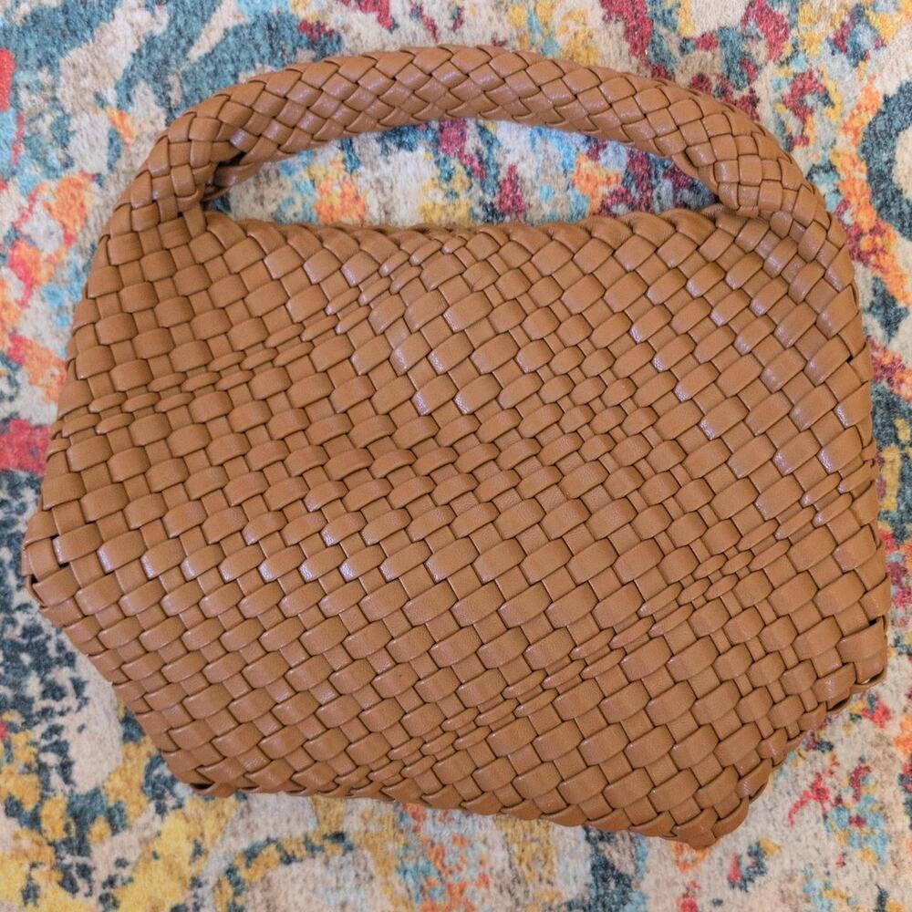 Tan and brown woven vegan leather small bag